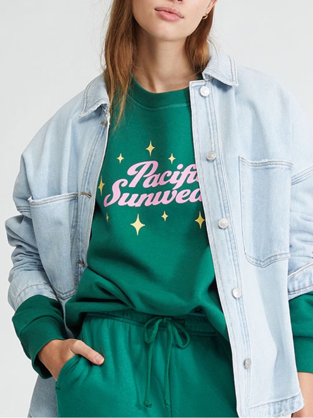 NWT PacSun Green Crewneck Sweatshirt with Pink Logo & Gold Stars - Picture 2 of 6